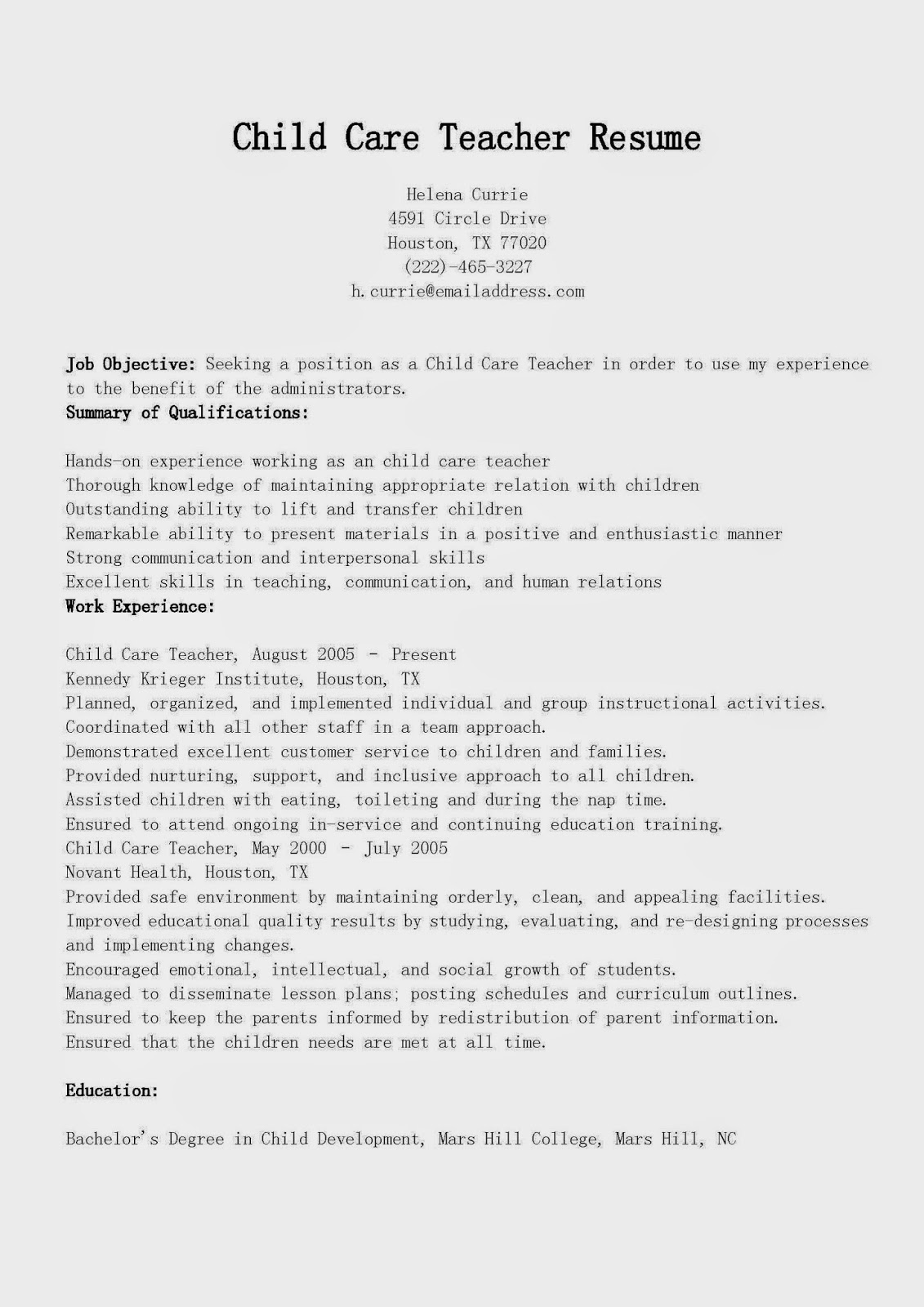 Sample resume for pre school teacher